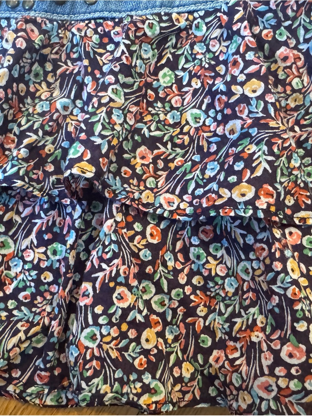 Y2K Express Denim & Floral Ruffle Micro Mini Skirt | Studs Gems Boho Festival - Picture 10 of 13